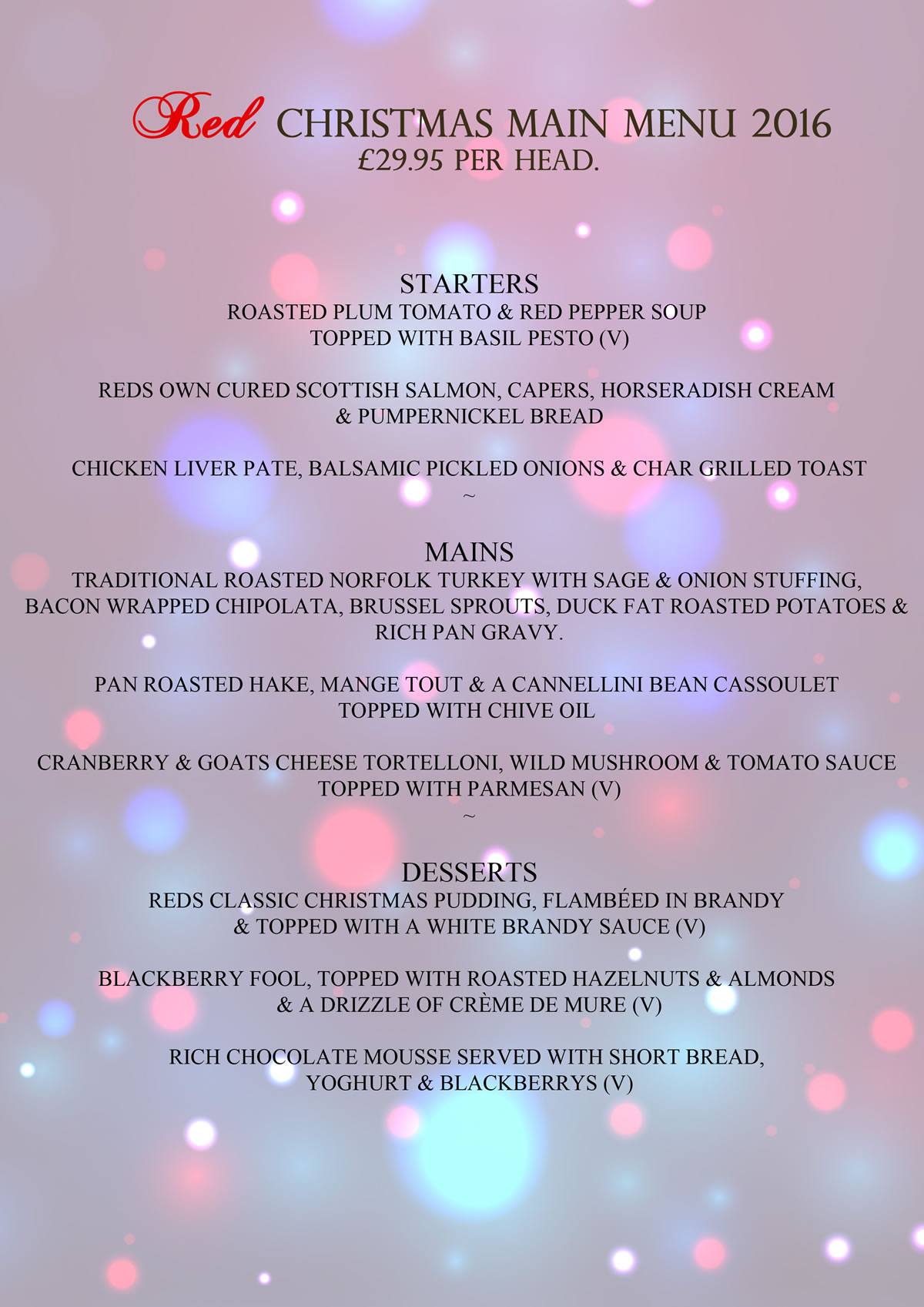 Christmas Menu at Red Weybridge includes Roast Turkey or alternative of fish and vegetarian mains dishes