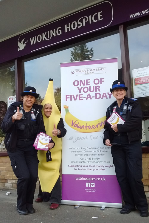 Mary Morgan, the Hospices’ resident banana, was promoting her ‘One of Your Five-a-Day’ campaign at the Guildford Charity shop