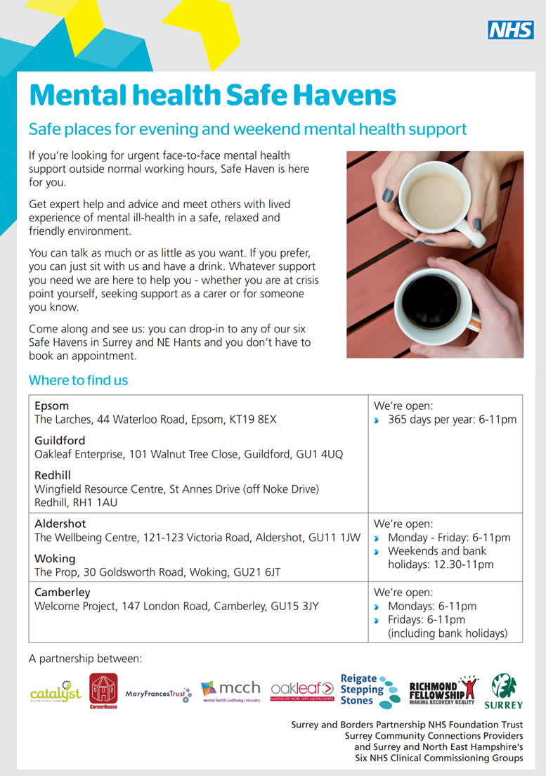 Woking, Guildford, Epsom, Aldershot, Redhill, Camberley Surrey Mental Health Safe Havens