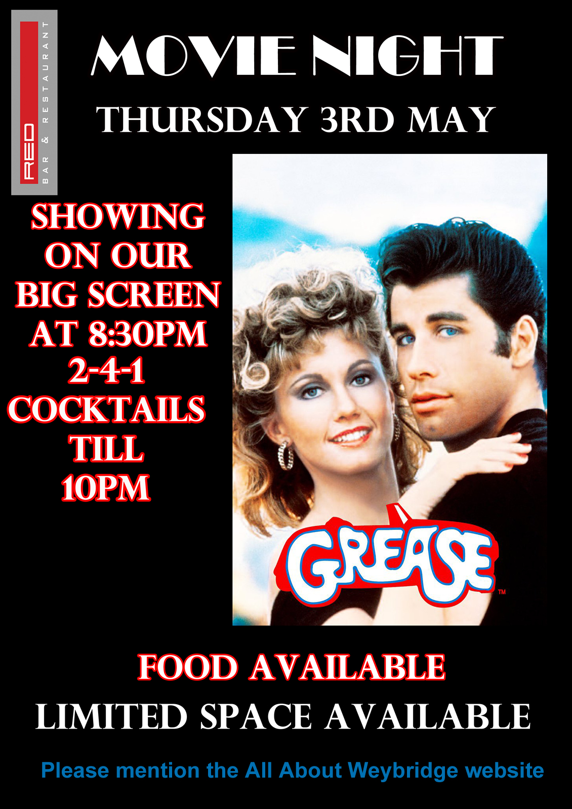 Grease Movie at Red Bar Weybridge Poster - Film Night