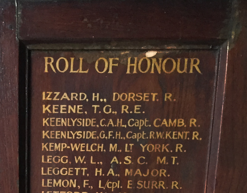 Weybridge men who died in the First World War - Roll of honour in St James Parish Church