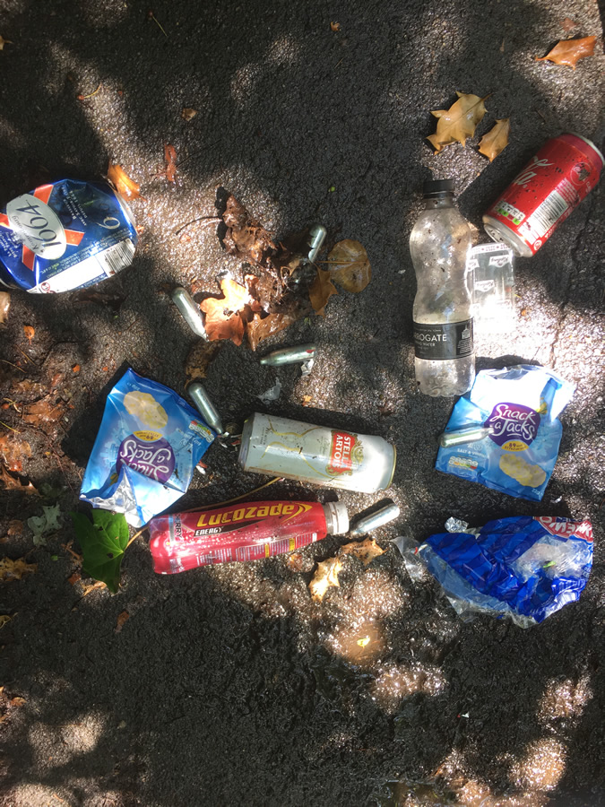Weybridge Litter included Nitrous Oxide bulbs and alcoholic drink cans dumped along the path from Station to Brooklands