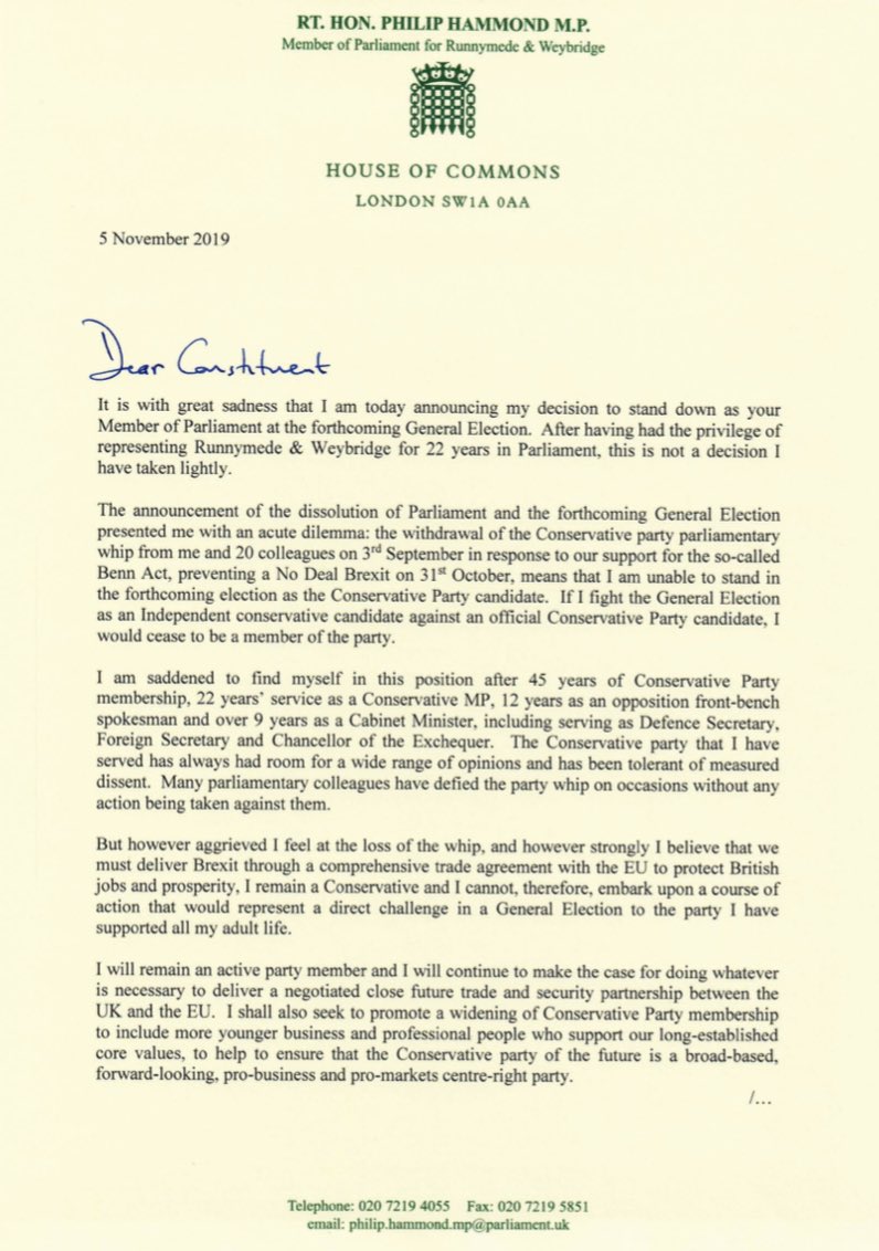 Philip Hammond Conservative MP Resignation letter