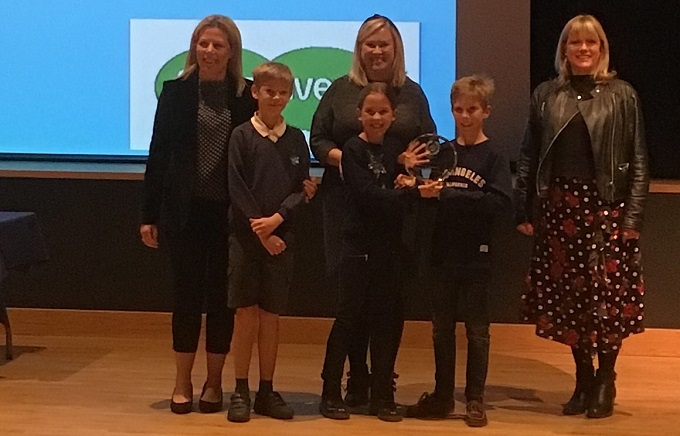 Thames Ditton Junior School - Winners of Active Schools Innovation Award - Elmbridge Sports Personality of the Year 2019 award in the Active school of the Year category. Sports crew members accompanied Miss Byrne and Mrs Charlton collect the trophy at ACS Cobham