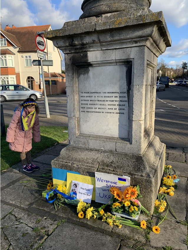Sunflowers and Banners in Support of Ukraine at the Monument in Weybridge