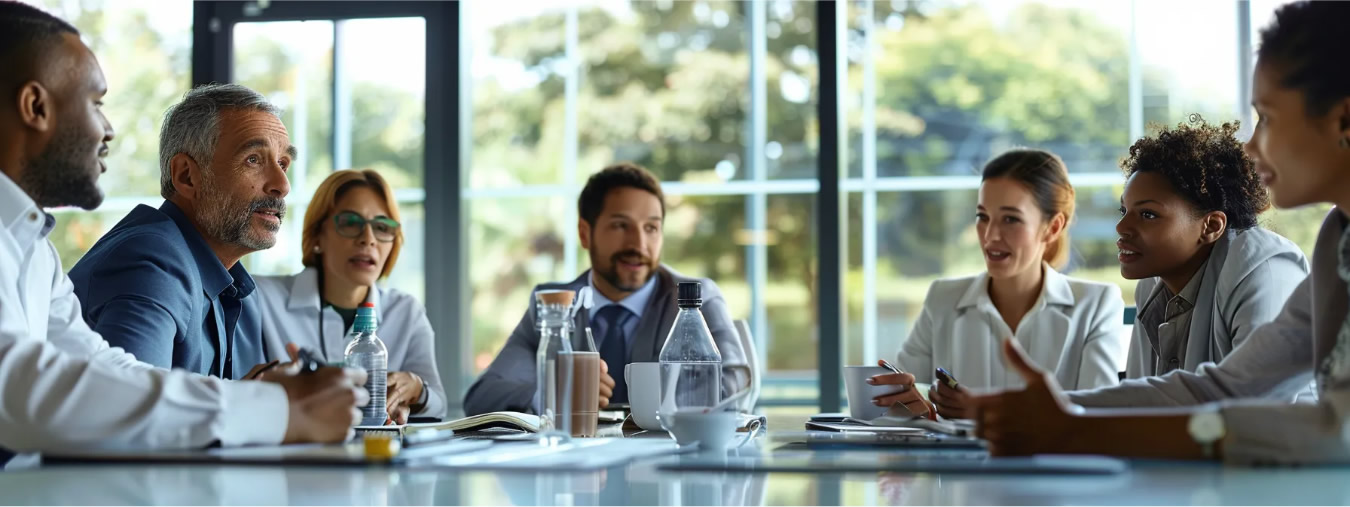 Diverse team in a meeting discussing the benefits of implementing knowledge management software