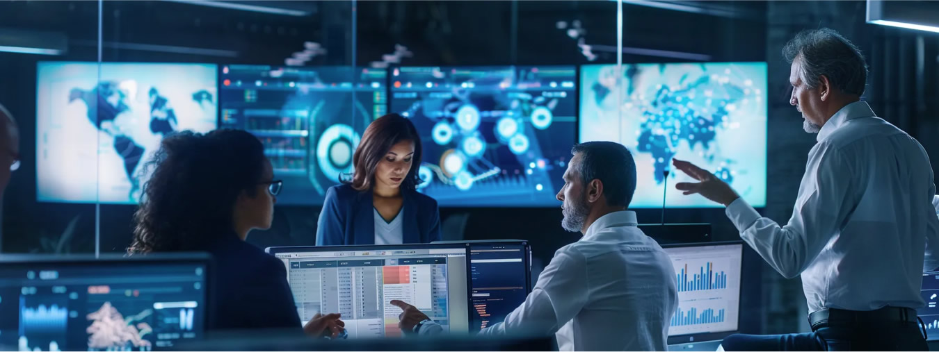 Team analyzing data on multiple screens using knowledge management software in a control room